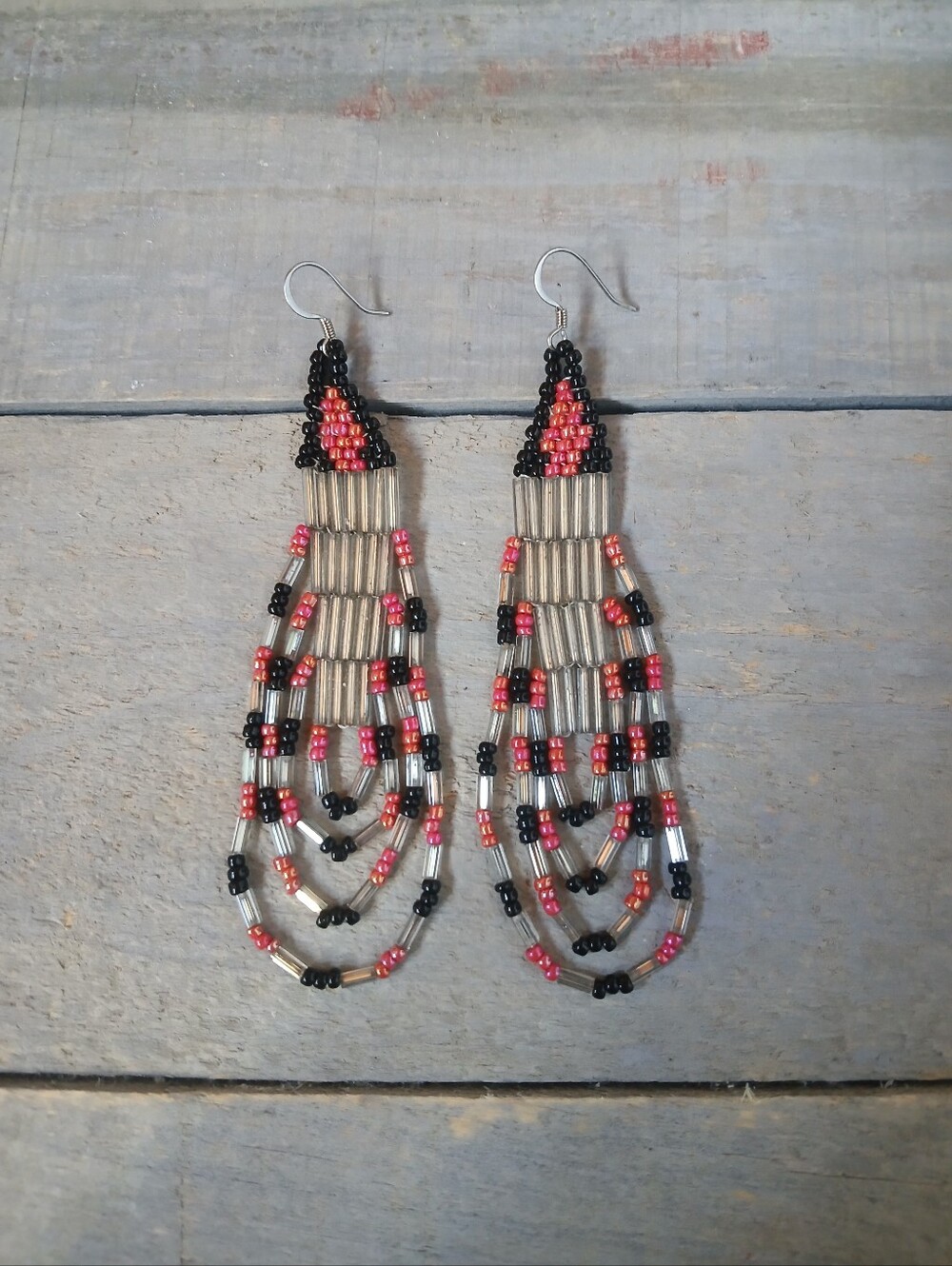 Handmade Seed Bead Black Coral Red Iridescent Clear Looped Dangle Earrings